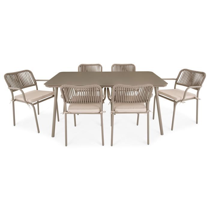 VOLONTE tuintafel met 6 stoelen in champagnekleur voor 6 personen, tafelblad van gehard glas