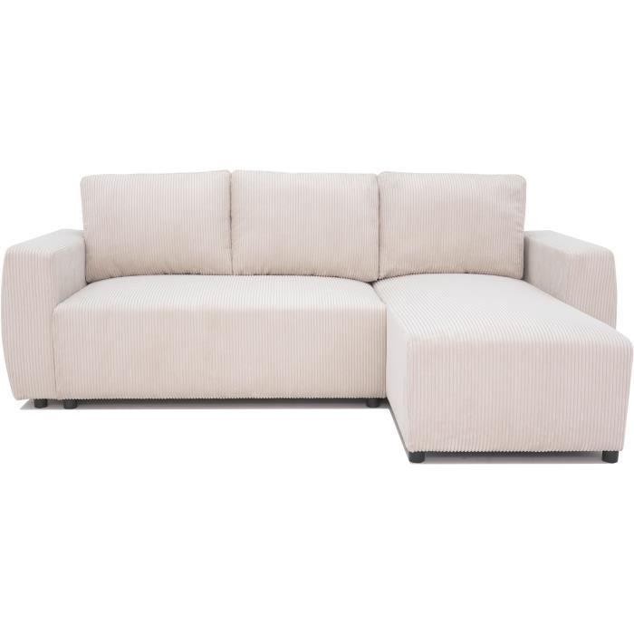 Sofá cama esquinero reversible PHARELL de 3-4 plazas - Pana beige - Compartimento de almacenamiento - Ancho 230 x Profundidad 155 x Alto 95 cm