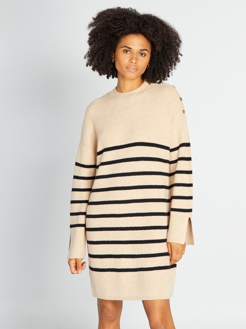 Gestreepte maxi-trui met lange mouwen - Beige/Zwart
