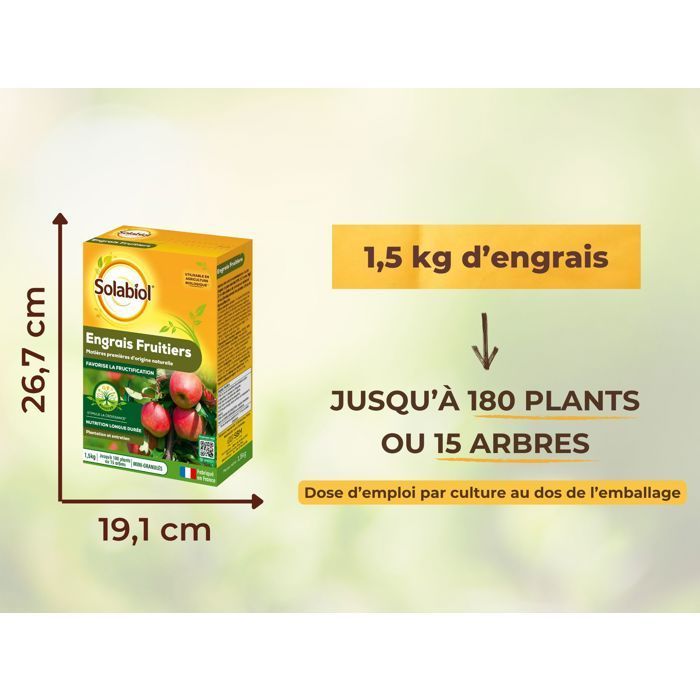 SOLABIOL Engrais fruitiers - 1,5kg - Jusqu'à 180 plants - Stimulateur de croissance - Nutrition longue durée - UAB SOFRUY15