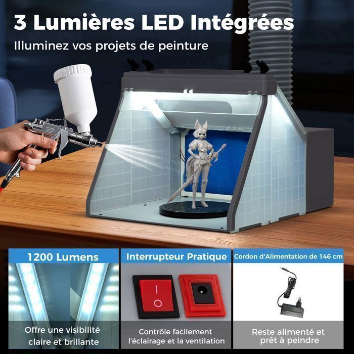 Cabine de Peinture Aérographe Portable COSTWAY-4m³/min-Plateau Tournant 19 CM-3 Lumières LED-Tuyau Extensible-Filtre à 2 Couches