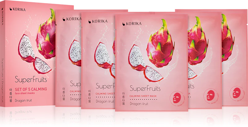 KORIKA SuperFruits Pitaya - Conjunto de 5 Máscaras Faciais Calmantes em Tecido. Um conjunto de máscaras faciais com efeito calmante e preço reduzido. Pitaya.