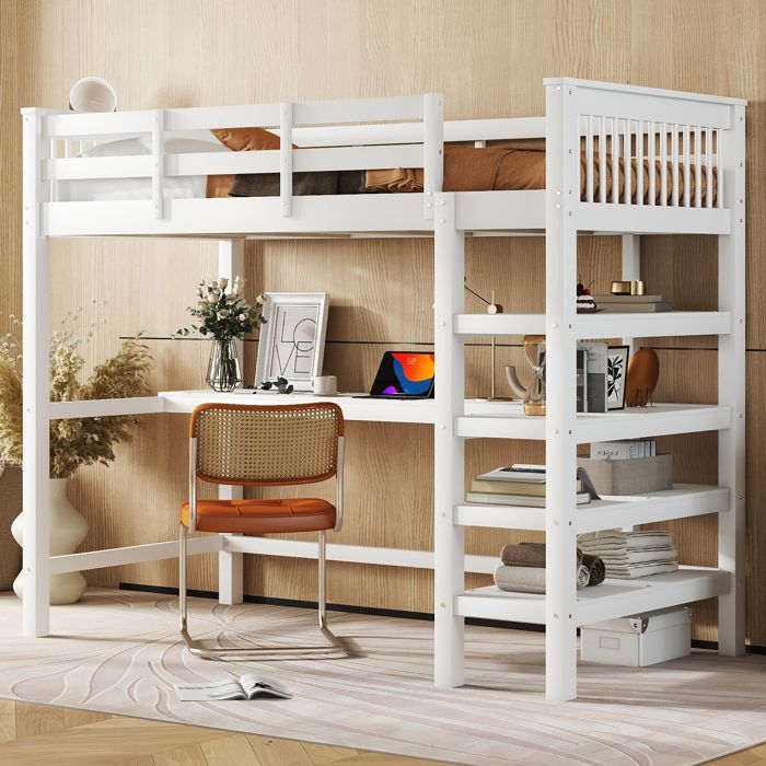 Lit mezzanine enfant 90x200cm avec bureau et étagère de rangement en bois massif Blanc