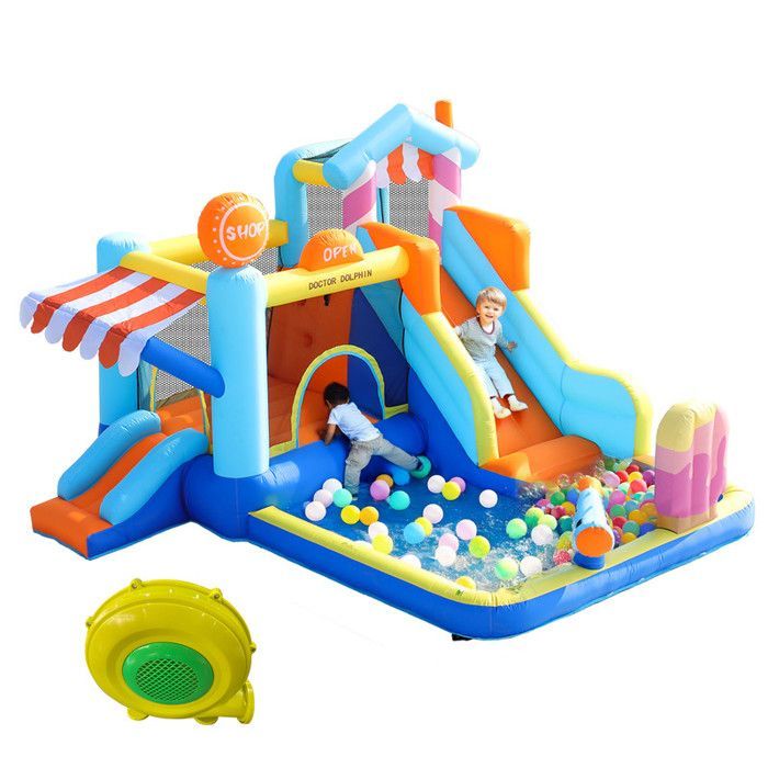 Opblaasbaar kasteel voor kinderen - Buitenwaterpark + trampoline - Waterglijbaan - Met 450W blower