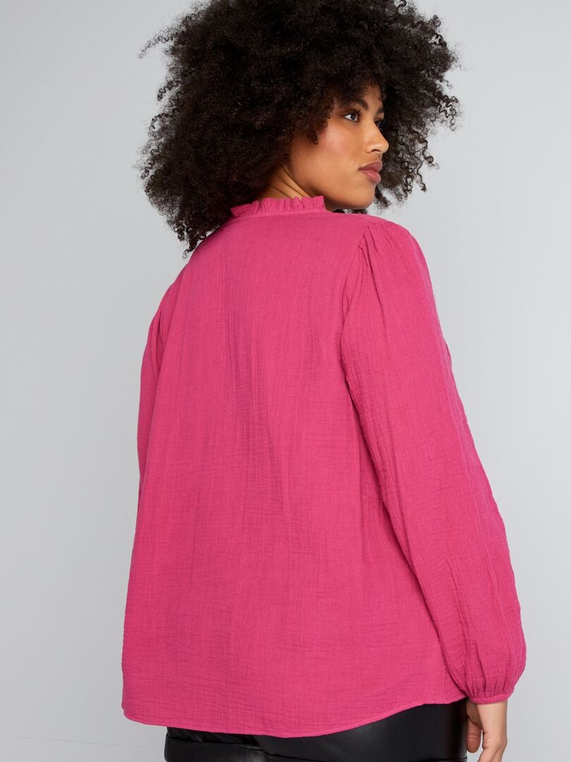 Blouse van katoenen gaas met rucheskraag - ROZE