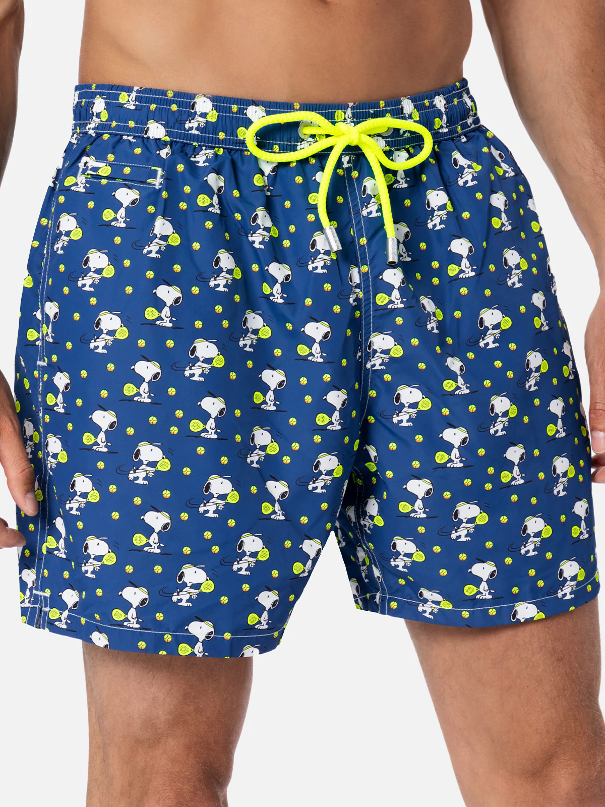 Man Lighting Mid-Length Swim Shorts with Snoopy Padel Print | Quick-Drying, Sustainable Swimwear | MC2 Saint Barth | SNOOPY PEANUTS™ SPECIAL EDITION