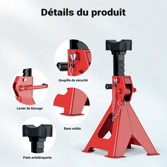 Juego de 2 soportes elevadores Wiltec, capacidad de 3 toneladas, peso de 5 kg, altura ajustable de 290 a 425 mm, doble bloqueo de seguridad, base grande.