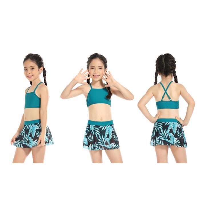 Maiô infantil feminino - Macio e elástico - Azul - Para natação - Conjunto de duas peças