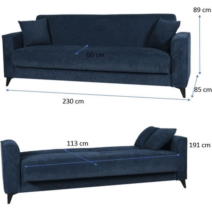 Canapé convertible 3 places - BERGAMO - Tissu bleu foncé - 2 coussins - coffre de rangement -  230 x 85 x 89 cm