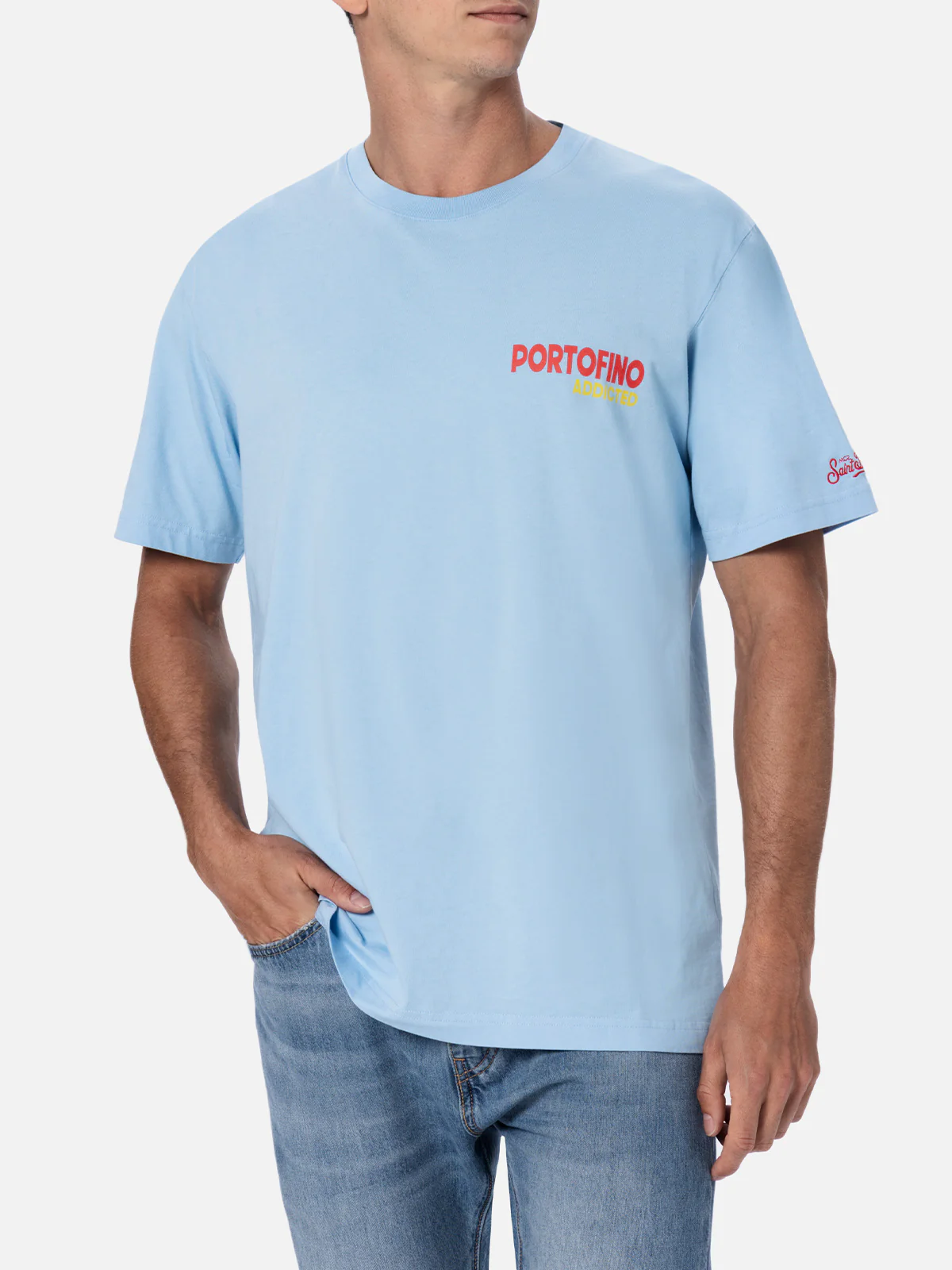 Heren katoenen T-shirt met print van een ansichtkaart van Portofino