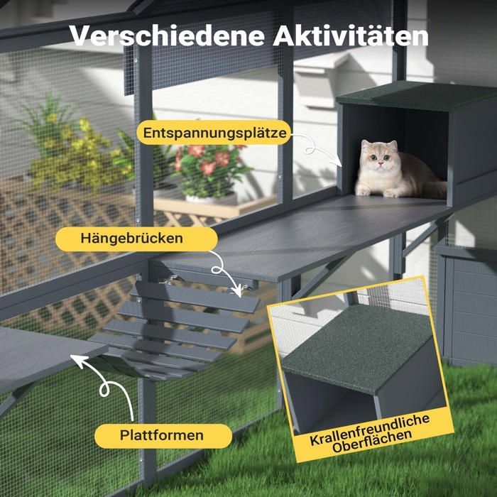 Recinto exterior para gatos Wiltec 280 x 188 x 188 cm Catio Techo de madera de abeto con lona impermeable Múltiples plataformas Refugio J