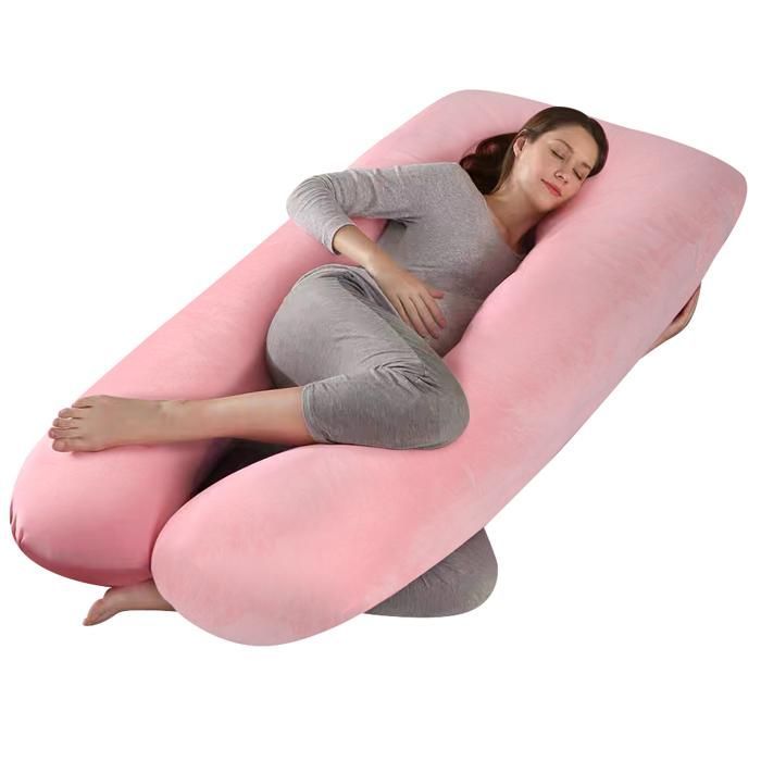 Coussin de Grossesse - Oreiller pour Femme Enceinte en Forme de U pour Dormir - Rose - Velours