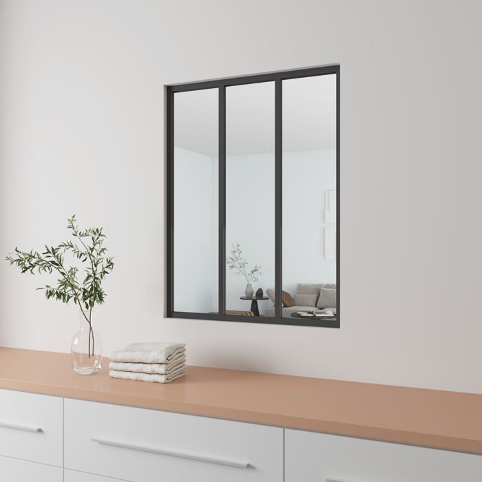 AICA Verrière Atelier en aluminium noir mat 93x108cm- Vitrage trempé 4mm- 3 carreaux Verrière fixe- kit de verrière et vitrage