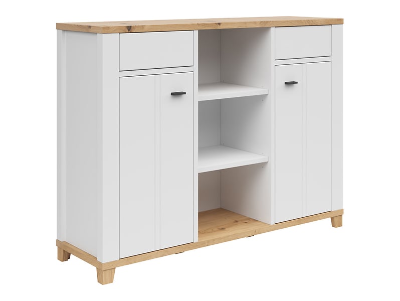 Komoda Hygge 135 cm z 2 drzwiami i szufladami biały/dąb artisan