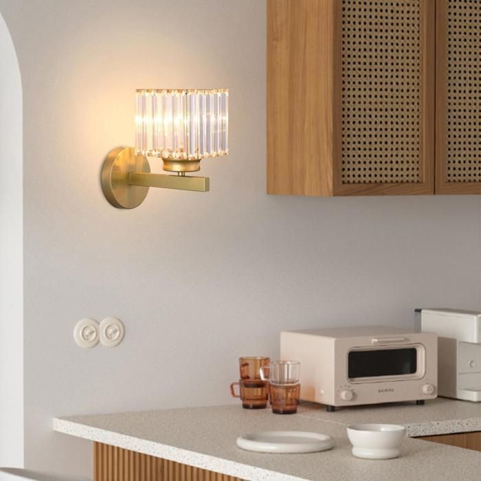 Aplique de pared moderno de cristal WOTTES, lámpara de pared cuadrada de cristal dorado de 15 cm, casquillo E27, 1 unidad para dormitorio, mesita de noche o pasillo.