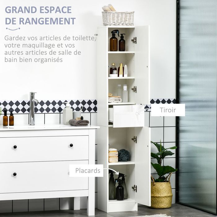kleankin - Meuble colonne rangement salle de bain - Panneaux de particules - 30x28x170cm - Blanc