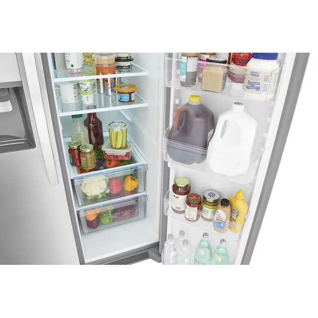 Frigidaire 25,6 kuutiojalan (7,3 litran) rinnakkaisjääkaappi jääpalakoneella (sormenjälkiä hylkivä ruostumaton teräs) ENERGY STAR -sertifioitu