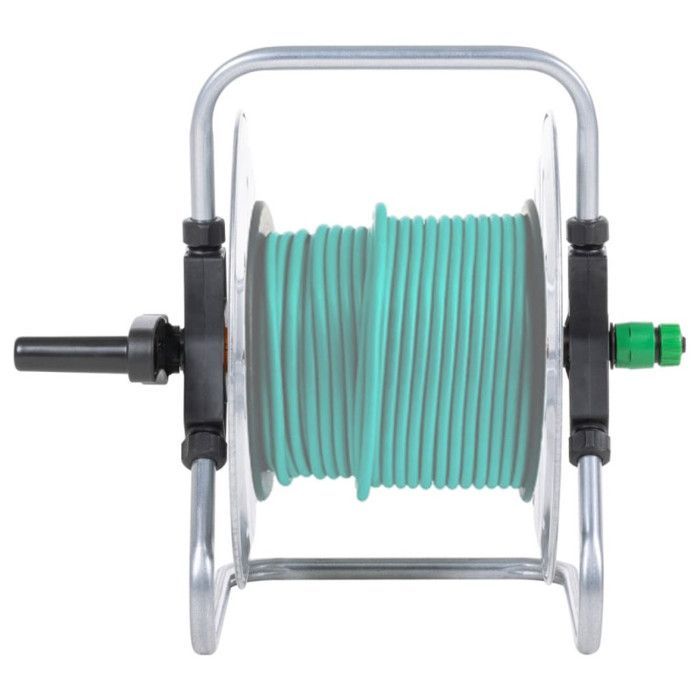 Wall-mounted hose reel for 50m of galvanized steel, 180° swivel, silver/black