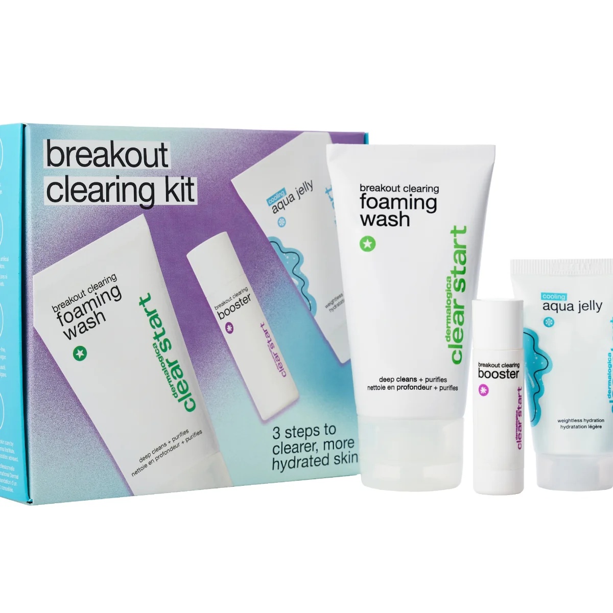 Clear Start de Dermalogica : Kit nettoyant anti-imperfections Clear Start de Dermalogica : 1 nettoyant + 1 lotion tonique + 1 crème hydratante. Peaux mixtes à grasses.