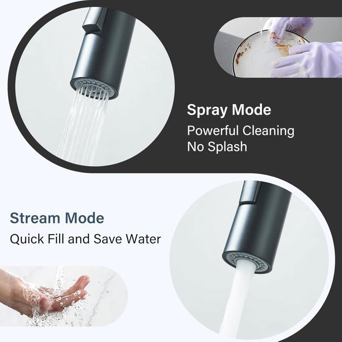 Rubinetto da cucina con doccetta estraibile - Miscelatore da cucina - Girevole a 360° - Doccetta estraibile - 2 tipi di getto - Nero