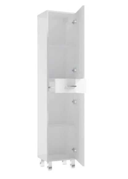 Słupek łazienkowy biały połysk 170x35 cm, półki i szuflada, nowoczesny