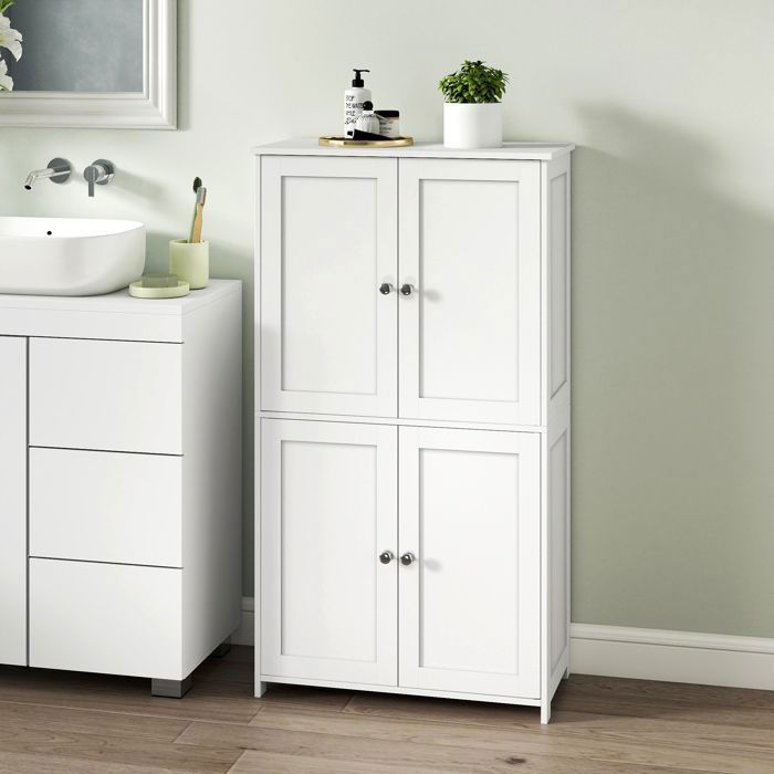 Armoire de Salle de bain avec 4 Portes, 60 x 30 x 108.5 cm, Meuble de Rangement,Placard de Cuisine,2 Étagères Réglables, Blanc