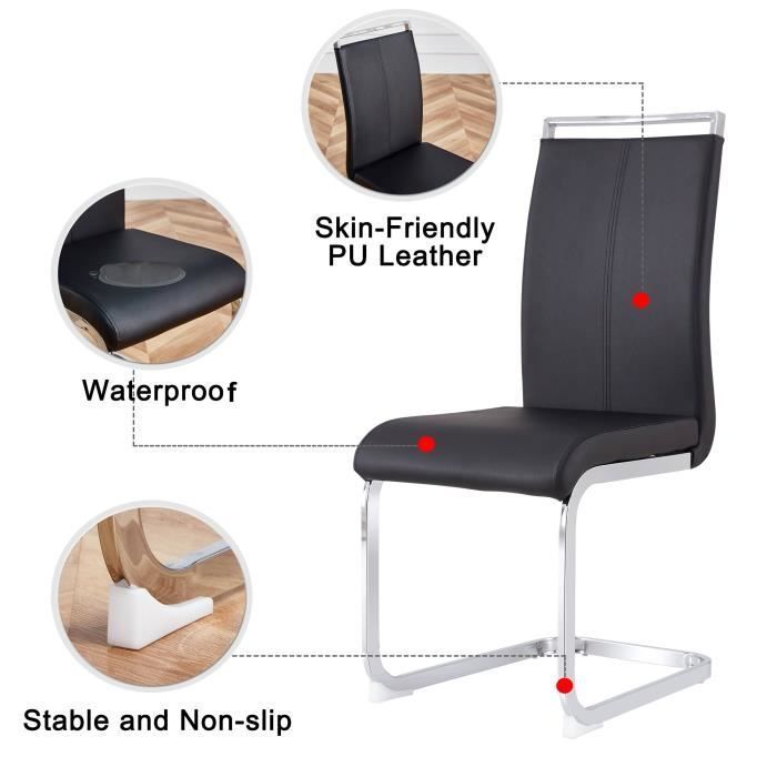 Set van 4 hoge eetkamerstoelen, moderne keukenstoelen bekleed met kunstleer, met zilverkleurige en zwarte metalen poten.