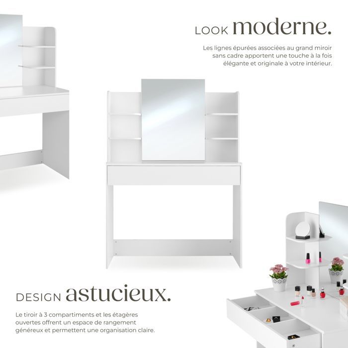 Coiffeuse - TECTAKE - Table de maquillage CAMILLE avec tiroir et 4 compartiments 100 x 40 x 139,5 cm - Blanc