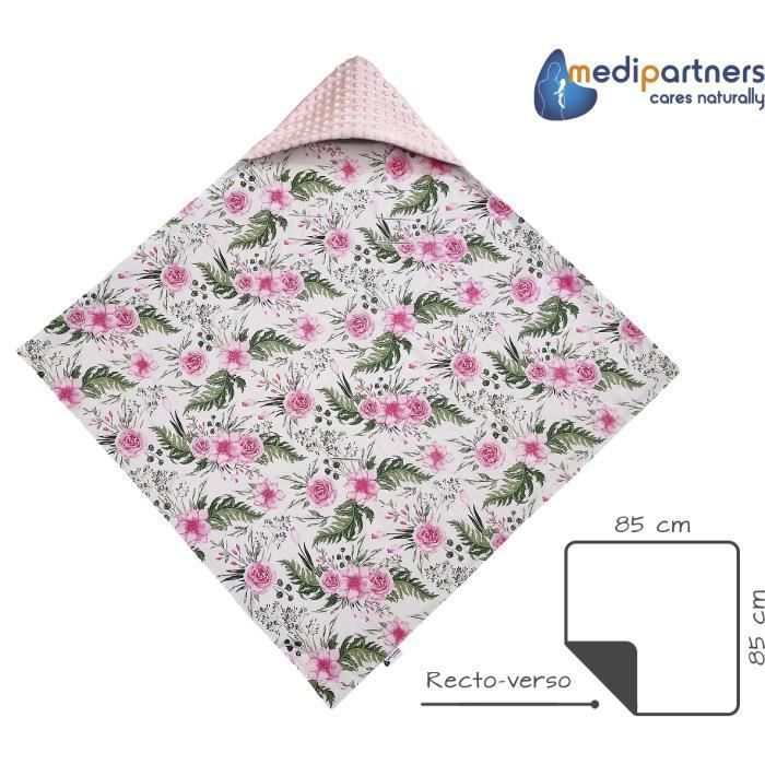 Funda para asiento de coche 100% algodón, 85x85cm, manta acogedora para cochecito (rosa claro con flores y tejido minky rosa claro).