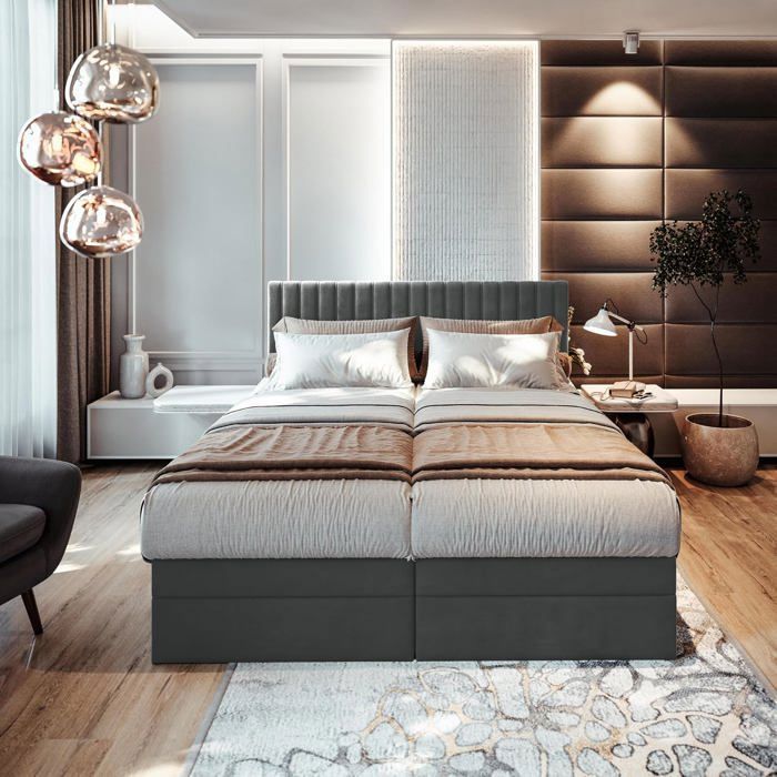 Lit adulte ADÈLE - ensemble matelas+sommier relaxation électrique - 160x200 cm - velours gris foncé