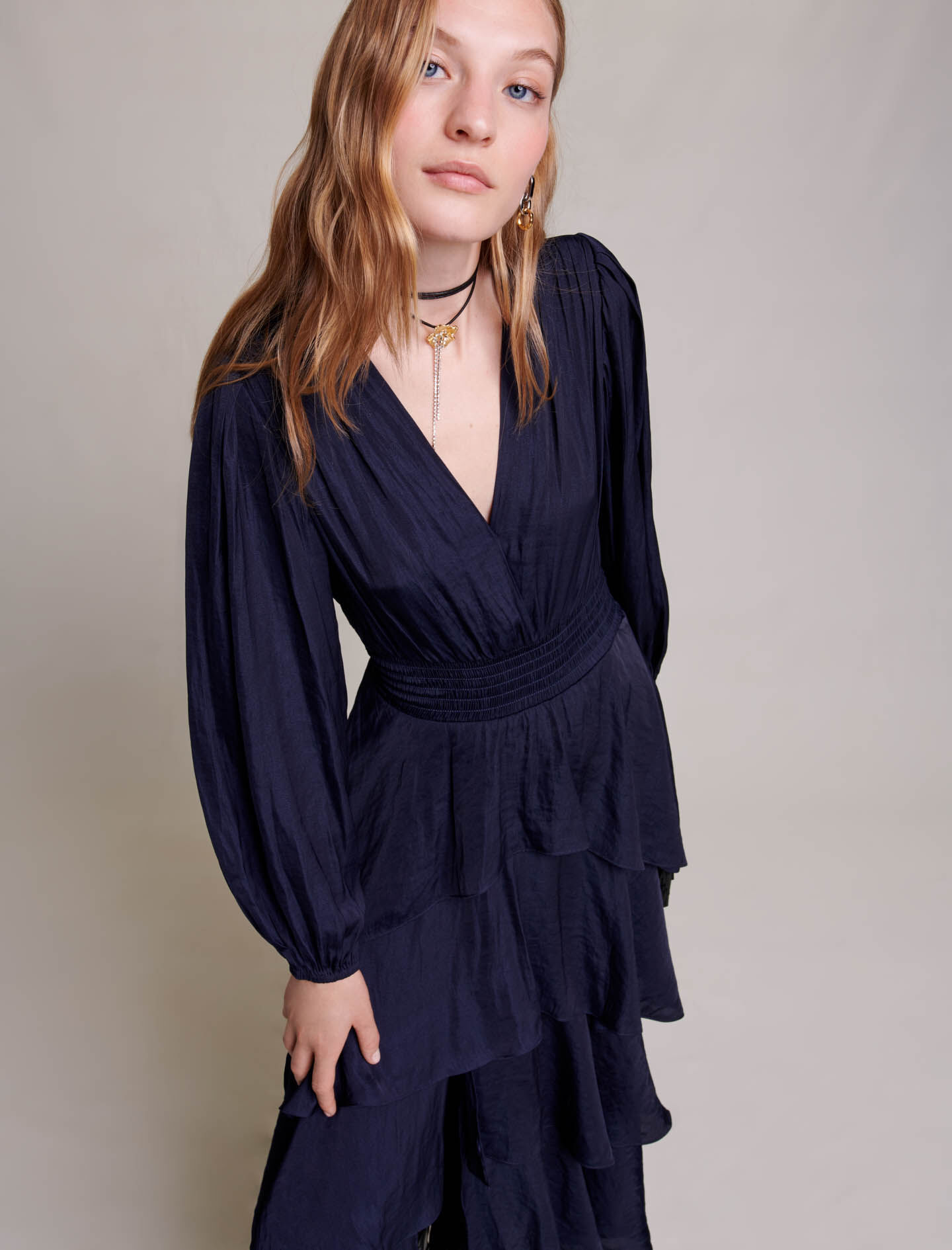 Lange jurk met ruches - Marineblauw