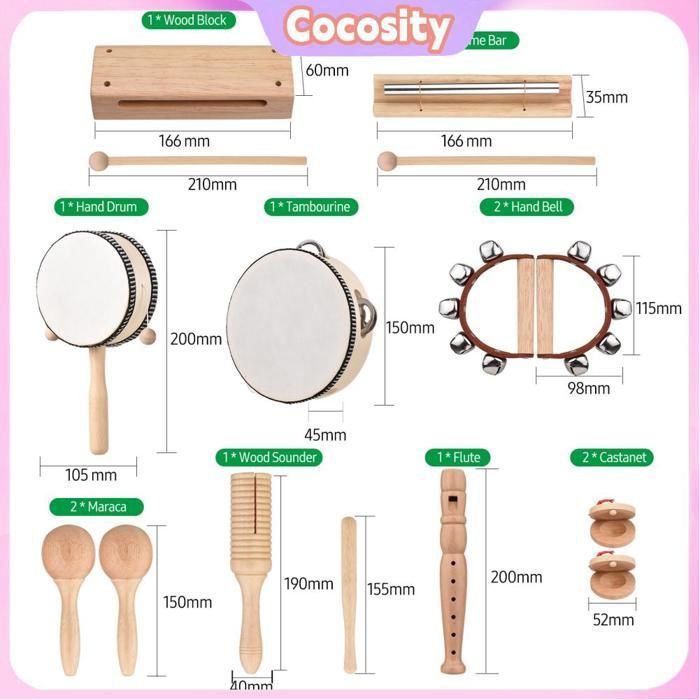 Juego de instrumentos musicales de percusión para niños Cocosity, color madera, 13 piezas