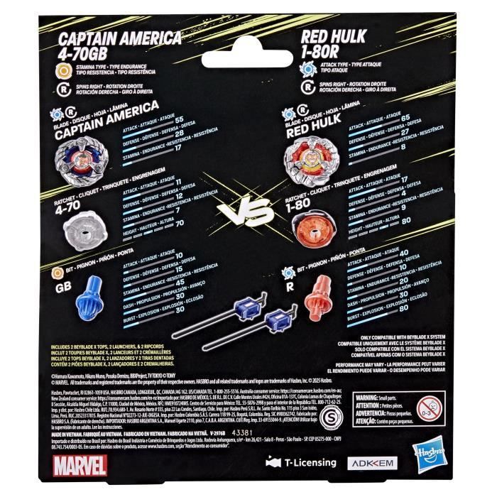 Beyblade X Multipack: Captain America 4-70GB vs. Red Hulk 1-80R, geschikt voor kinderen vanaf 8 jaar.