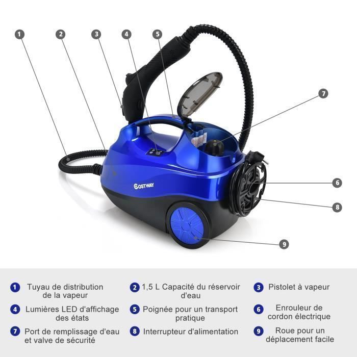 Nettoyeur Vapeur Polyvalent 2000W COSTWAY Punaises de Lit-Réservoir 1,5L,19 Accessoires 4,0 Bar-Voyant LED-108℃-Acariens Bleu