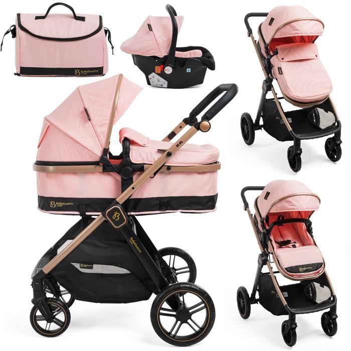 Poussette combinée trio 3 en 1 - siège auto – nacelle – dès la naissance – jusqu’à 22kg - Bebelissimo J'AIME - rose