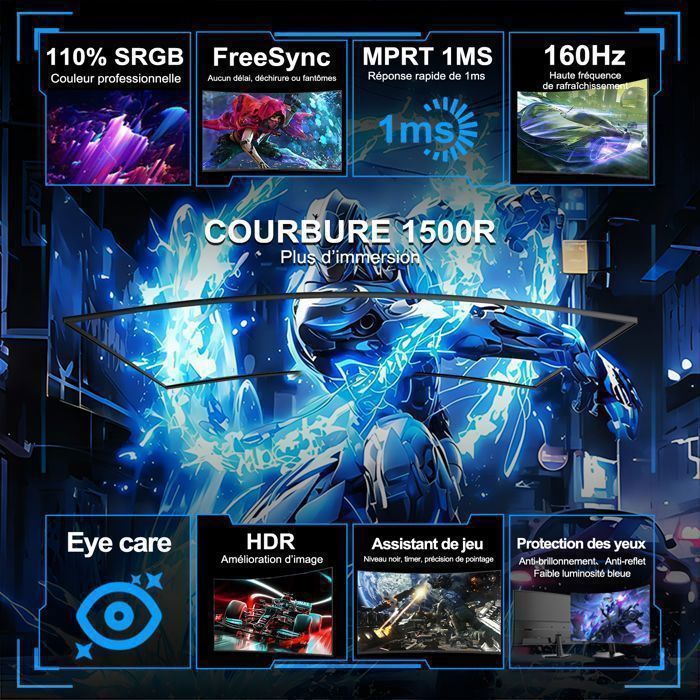 Monitor Gamer Curvo Minifire de 24 polegadas - 160Hz - FHD 1920x1080, Painel VA 16:9 1500R, 1ms, 110% sRGB, HDMI 2.0 / DP 1.4