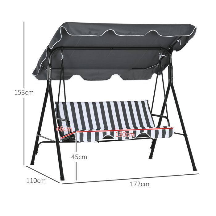 Columpio de jardín Outsunny - 3 plazas - toldo con inclinación ajustable - cojines - 1,72 x 1,1 x 1,53 m - acero negro, poliéster gris