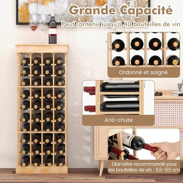 Botellero de madera maciza de pino COSTWAY para 40 botellas, estante modular para vino, ideal para bar o cocina, 46,5 x 27,5 x 113 cm.
