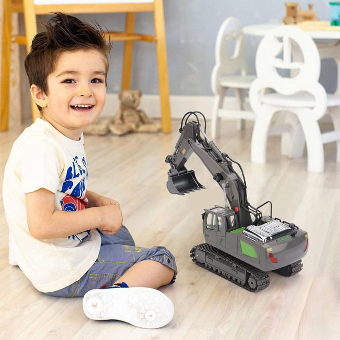 Escavadeira de controle remoto de 2,4 GHz - Pá de metal, rotação de 680°, luzes e sons, para crianças a partir de 3 anos.