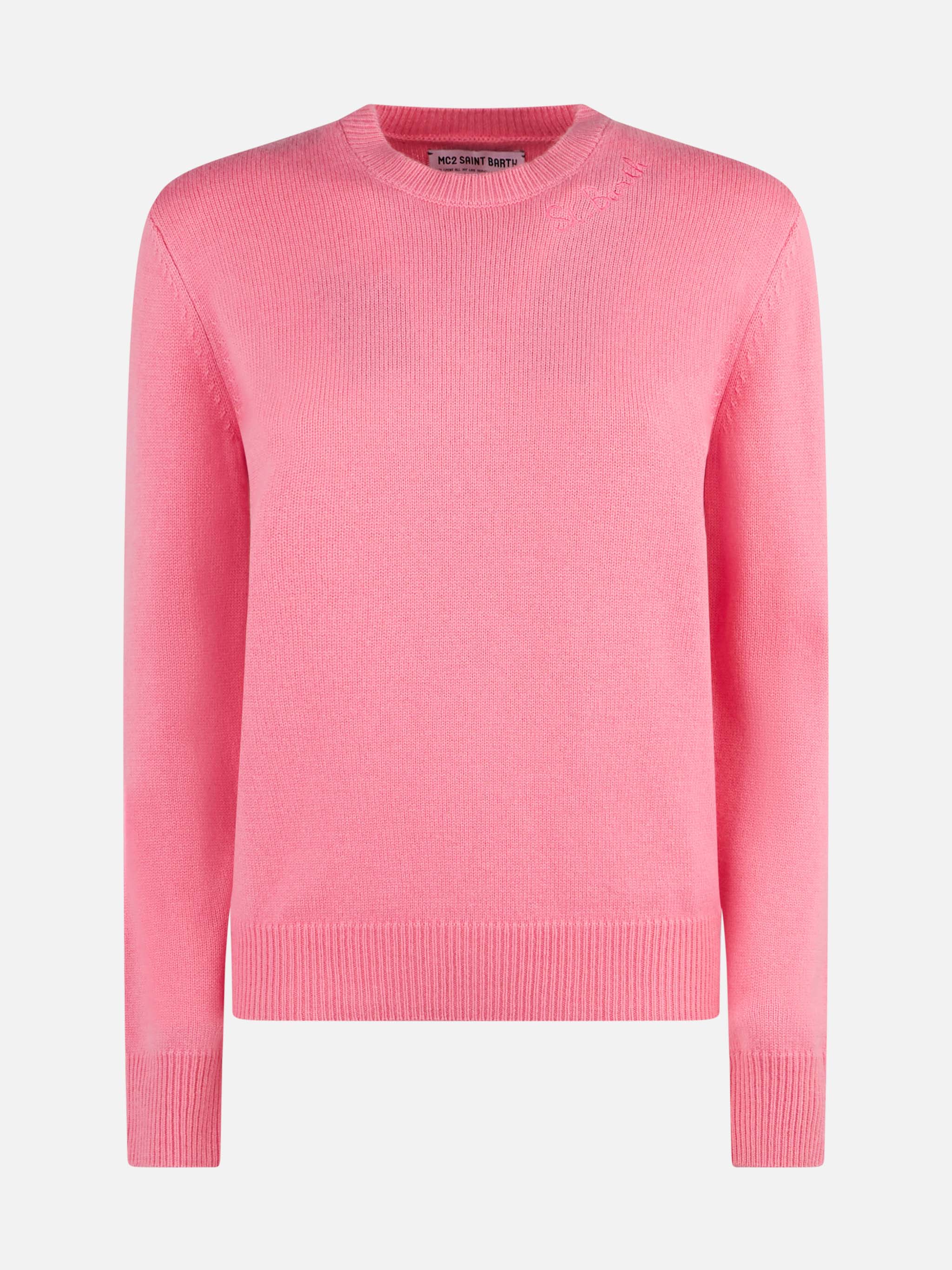 Rosa Damenpullover mit Rundhalsausschnitt und St.-Barth-Stickerei