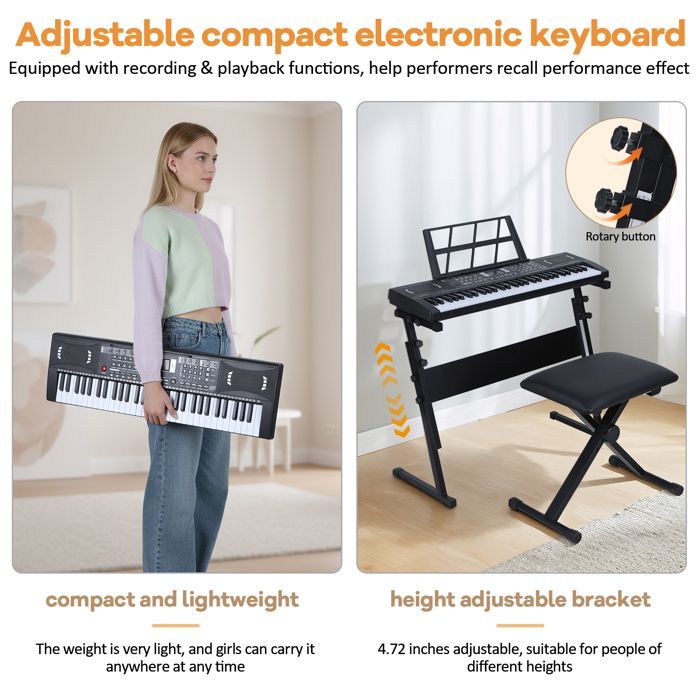 Piano digital portátil de 61 teclas, kit completo con soporte, asiento, auriculares y micrófono, multifuncional para niños y adultos.