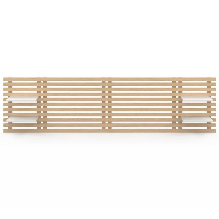IDMARKET Tête de lit suspendue en lattes AVA 240 cm bois clair et étagères blanches