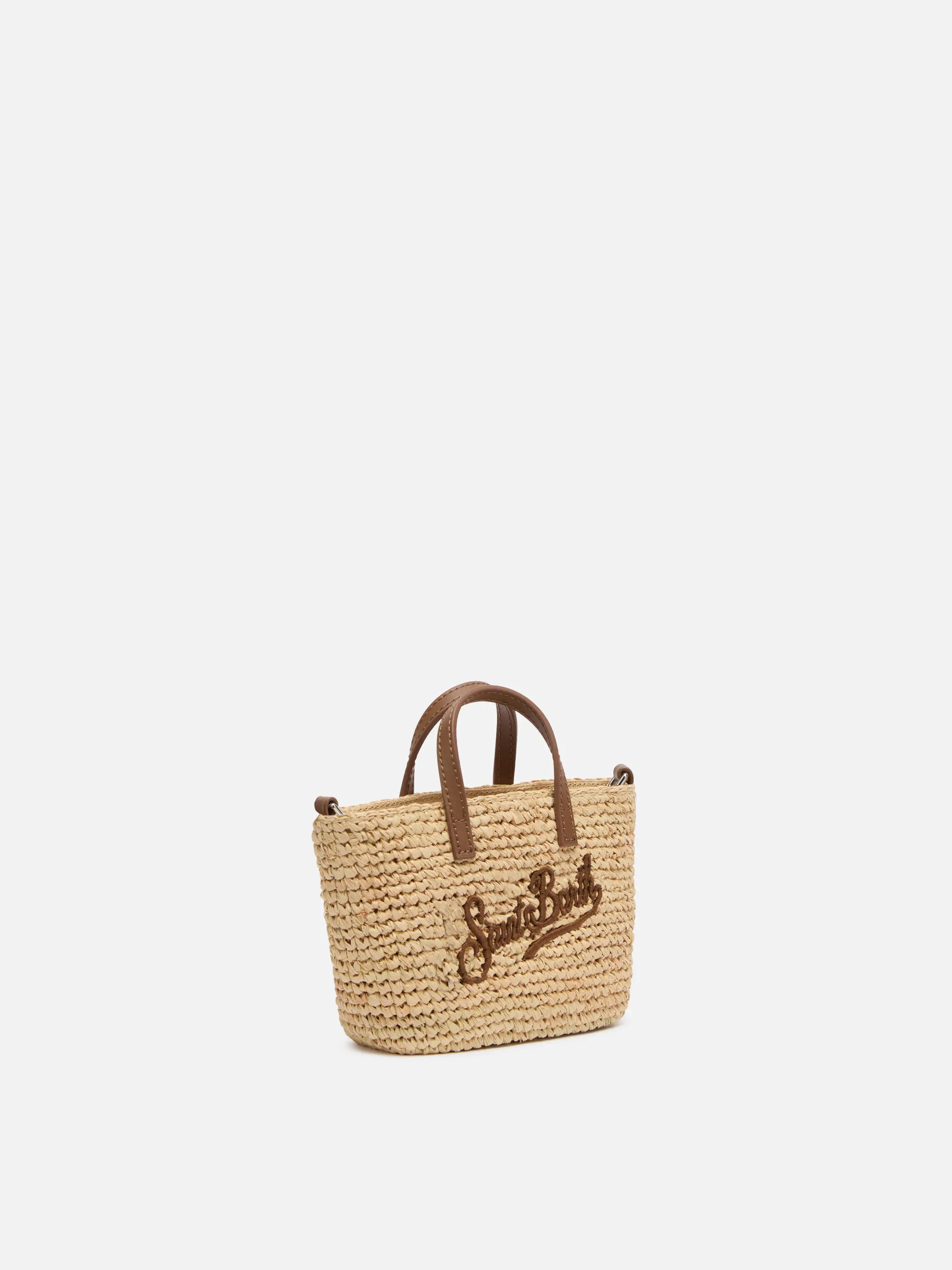 Beige Raffia City Micro Tasche mit Ledergriffen