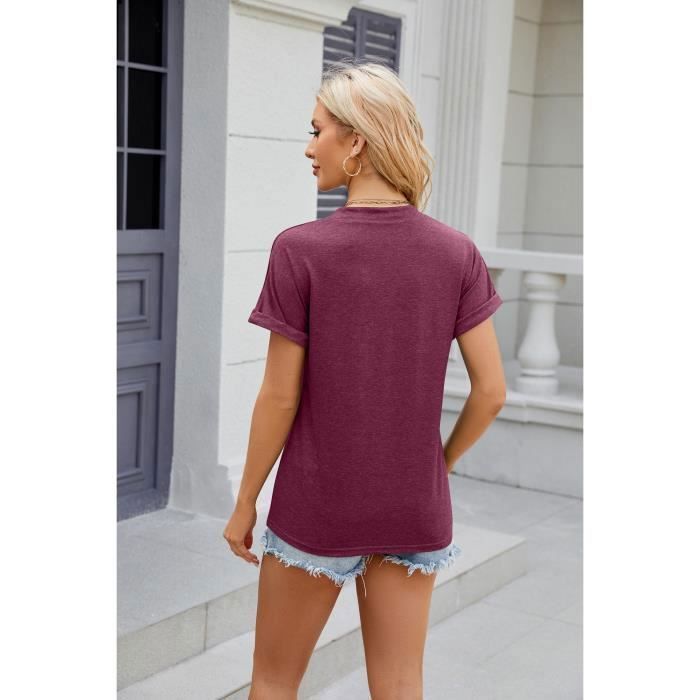 Camiseta de manga corta con cuello en V y botones para mujer, color liso, corte holgado, ideal para el verano, tejido cómodo - Talla europea - Borgoña
