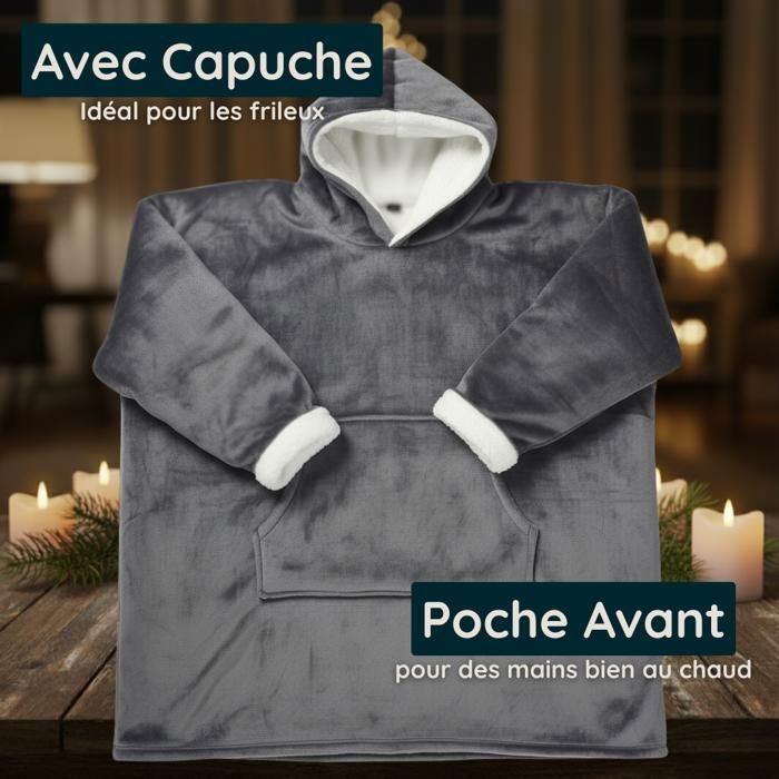 Karierter Pullover mit Ärmeln, Kapuze und Tasche – Einheitsgröße 118 x 85 cm, für Erwachsene (Damen und Herren) – Sherpa-Futter – Grau