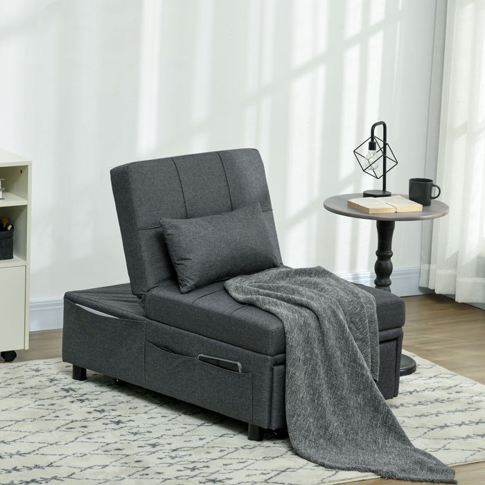 Sillón convertible de 1 plaza - HOMCOM - respaldo ajustable, asiento acolchado y almohada - para salón, dormitorio, despacho, gris