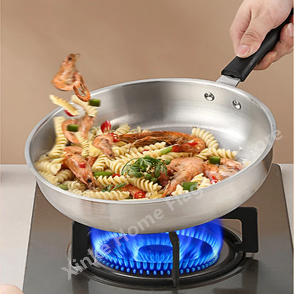 Wok en acier inoxydable antiadhésif, poêle à frire sans revêtement, casserole épaisse pour la maison, compatible avec les plaques de cuisson à gaz et à induction, ustensiles de cuisine universels