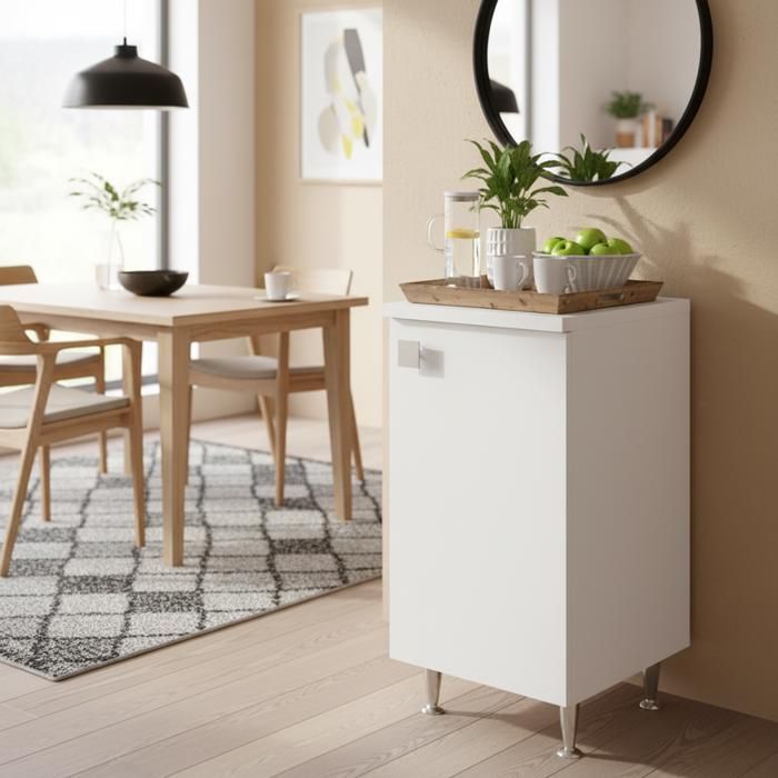 Meuble Bas Blanc Frêne 1 Porte Droite | Armoire Multiusage 50 cm avec Pieds Métal | Livré Monté pour Salle de Bain/Entrée/Buanderie