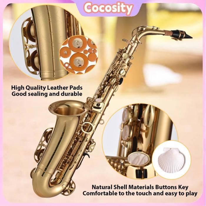 EB Altsaxophon, goldlackiertes Messing, E-Saxophon, Flat 875, mit Saxophonzubehör für verschiedene Musikrichtungen