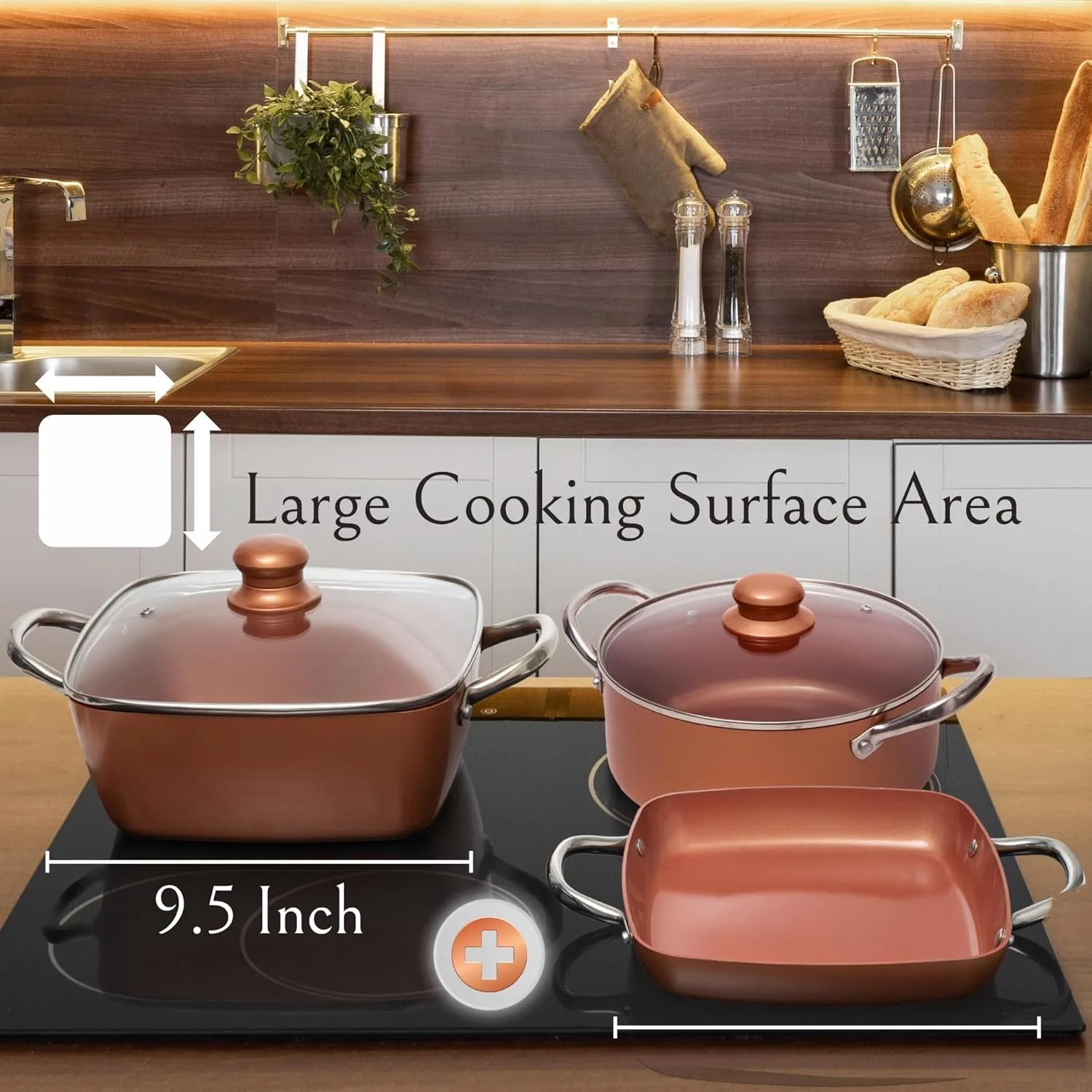 Ensemble de 7 pièces de casseroles et poêles en cuivre, batterie de cuisine antiadhésive Copper Chef, poêles carrées en cuivre, casserole ronde en cuivre et panier à friture